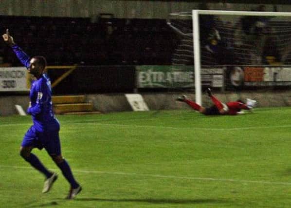 Stefan Moore wheels away after scoring at Hednesford. Picture: Sally Ellis
