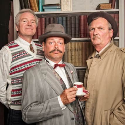 Captain Hastings (John Nichols), Hercule Poirot (Andrew Bayliss) and Inspector Japp (Mick Ives) in Black Coffee at the Talisman Theatre. Picture by Peter Weston.