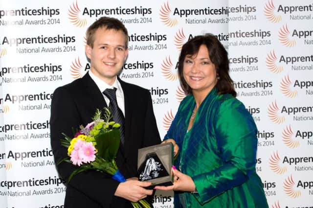 Advance level apprentice winner Edward Pethwick and Karen Riley (Skills Funding Agency).