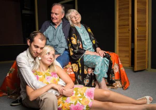 Lovesong cast, Ann Richards and John Dawson on the bed with Alice Scott and Joshua Pink. Picture by Peter Weston