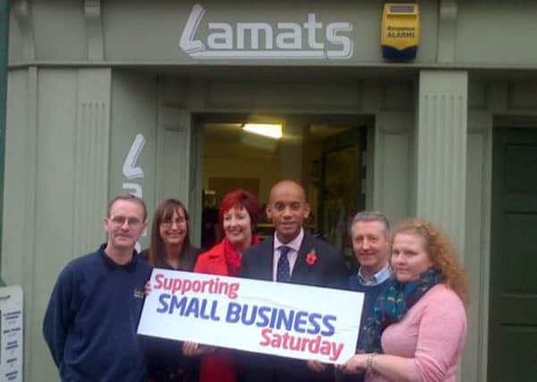Labour's Shadow Business Secretary Chuka Umunna MP and parliamentary candidate for Warwick and Leamington Lynnette Kelly (both centre) promote Small Business Saturday with store co-owner Paul Haslam (far left) and other business owners including Kelly Iles (far right) at Lamats hardware and DIY shop in Old Town, Leamington.