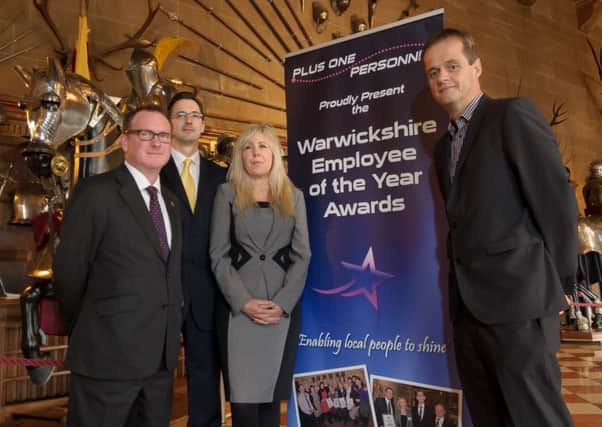 Pre pic - Awards at Warwick Castle.

Pictured: Chris White (MP), Stuart Moore (Director - Plus One Personal), Angela Watson (Branch Manager - Plus One Personal) & Chris Lillington (Editor - Leamington Courier & Rugby Advertiser). NNL-141027-134636009