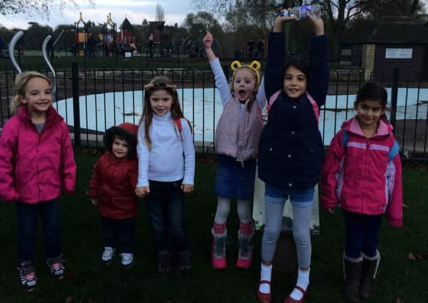 Madison Brown (center with yellow bear ears) with her friends Martha Matthewson, Isobel Hirons, Maya and Molly Sahota, all 5, and their 'team mascot' Louie Walters, 1.
