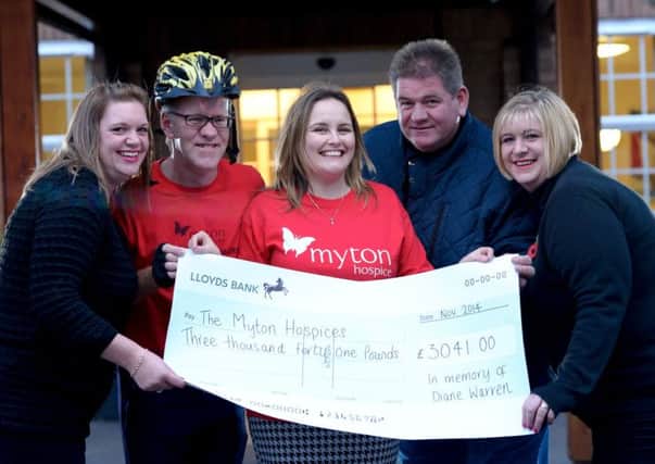Pete Warren together with his Brother Anthony and joined by Sherri Tenpenny & Bonnie Burbury, presented a cheque for over £3,000 raised through a cycle challenge set up in memory of Anthony's Wife Diane, to Myton Hospice recently which was received on behalf of the Hospice by Sara Revell. NNL-141111-202007009
