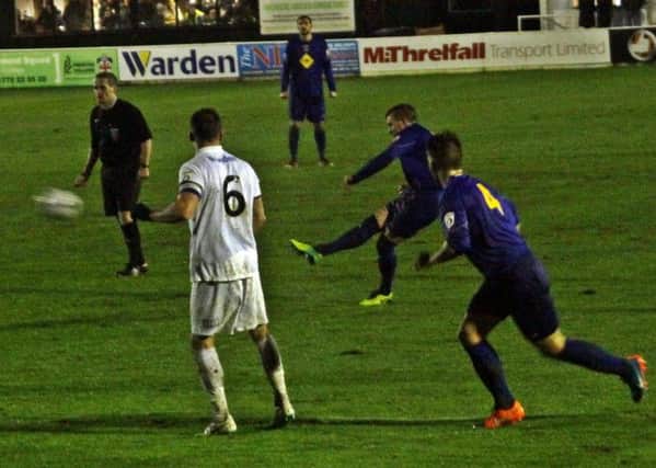 Brakes midfielder Jordan Goddard fires in a free-kick at Fylde. Picture: Sally Ellis