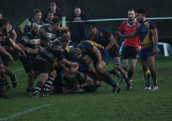 Mat Gibson pushes for the Stratford line as Tom Lane and Alex Selby look on. Picture: Willie Whitesmith