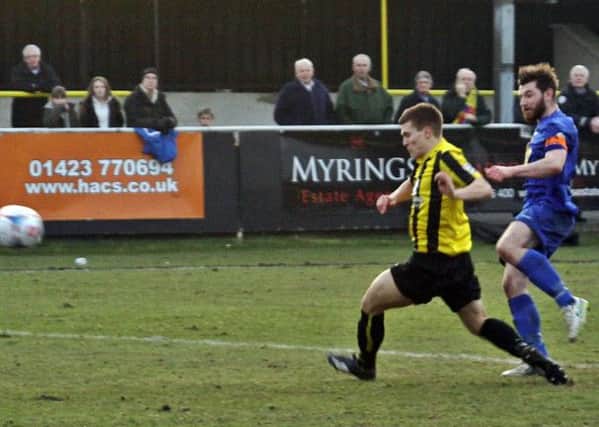 Captain Danny Newton shoots home to bring Leamington level at Harrogate Town in Saturdays Conference North clash. Picture: Sally Ellis