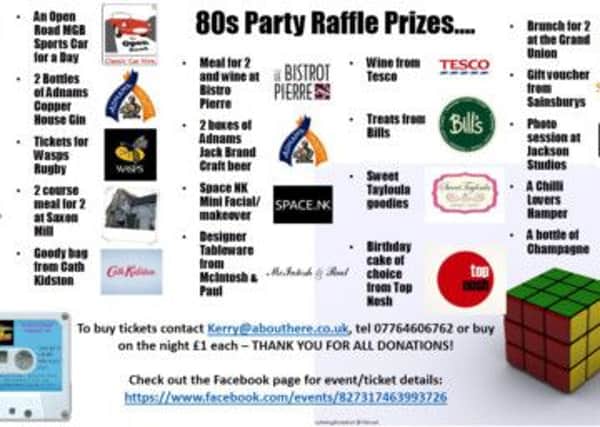 The raffle prizes on offer at the 80s charity night being held at Old Leamingtonians Rugby Club in aid of Cancer Research UK.