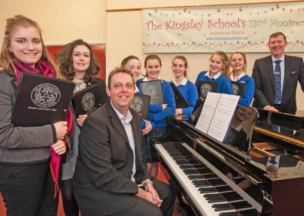Composer Jonathan Clarke with some of the KIngsley School Choir, and Julian Smith, head of music.