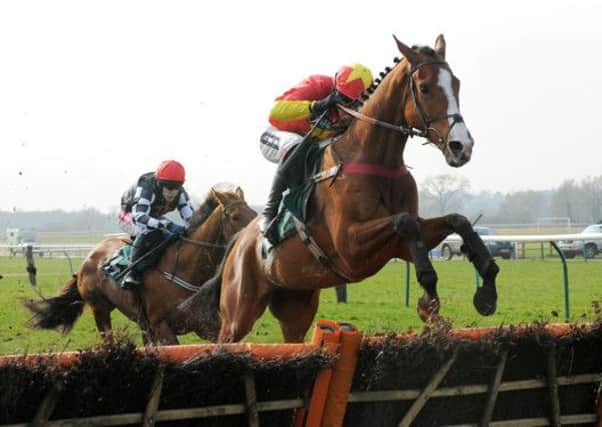 Jeanpascal ,ridden by Aidan Coleman, puts in a fine leap at the last to win the JCB Novices Hurdle. Picture: Les Hurley