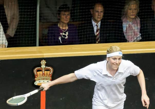 Prince Edward looks on as Claire Fahey takes part in the singles final at the Women's Real Tennis Championships in Leamington. Picture: Mike Baker