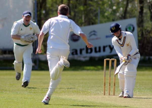 Leamington 2nds bowler Will Field celebrates after taking the wicket of Kenilworth 2nds James Madley in their friendly encounter. Picture: Morris Troughton