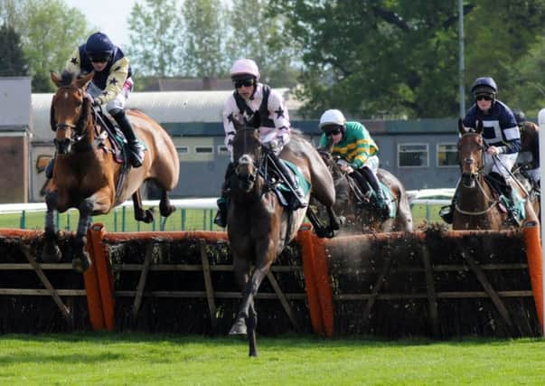 Harry Skelton rides Benissimo (pink colours) to the first of his two victories at Warwick on Saturday evening. Picture: Morris Troughton
