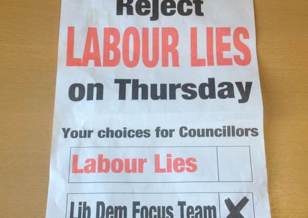 The front of the letter posted by the Liberal Democrat Focus team  to Lillington residents before the district and town council elections last week.