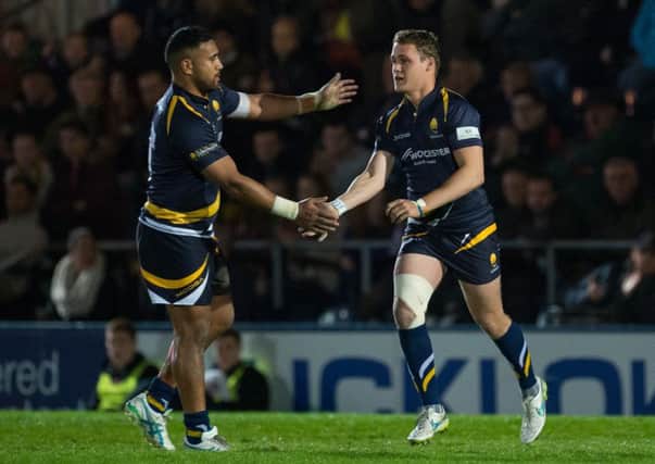 Jamie Shillcock is welcomed on to the Sixways pitch by Australia international Cooper Vuna. Picture: Lee Webb