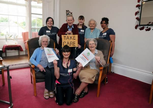 Staff from the Arden House care home were doing a sponsored walk on Saturday. 
Walkers Beckie Craig, Fay Abbott, Nasra and Louisa Shea (kneeling at front) are pictured with residents VaL Lewis 86, William Smith 91, Joan Butcher 95 and Zina Grindlay 91.