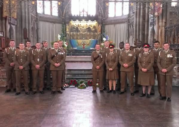 Members of the 1st Regiment Royal Horse Artillery stand by the wreaths laid in memory of four Waterloo veterans at All Saints's Parish church in Leamington on the bicentenary of the battle.