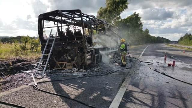 Photo of the coach fire on the M40 near Warwick on Tuesday July 7.  Courtesy of Warwickshire Fire and Rescue Service.