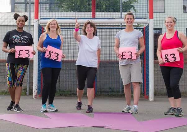 Mums-to-be Cara Pickering, Michelle Fallaize, Vickki Bickerton and Lucy Sanger with fitness instructor and owner of Phy-sogue Bernadette Fogarty (centre), showing their support for Women and Children First.