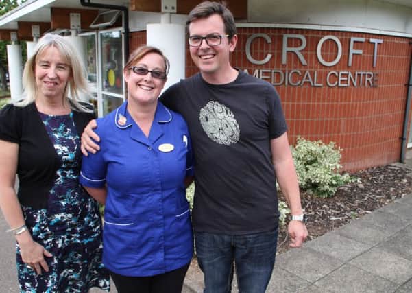 Peter with nurse, Sarah Treadwell-Whitlock and Croft Medical Centre manager, Karen Malecki