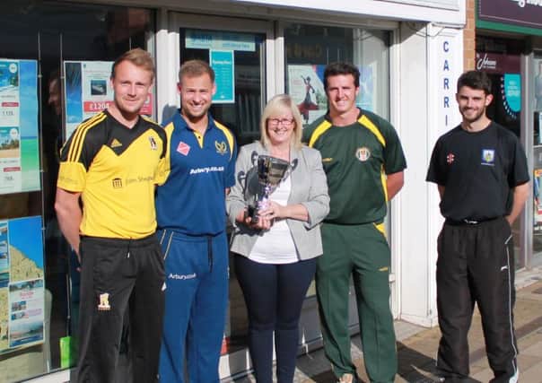 Team captains Sam Reddish, Martin Donald, Dan Worrall and David Bailey, with Tina Nason, managing director of Carrick Travel, ahead of the T20 Cup. Picture submitted