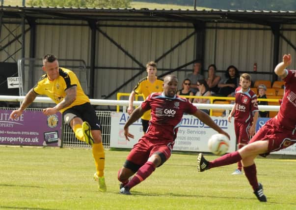 Ben Mackey fires in the goal which decided Leamington's opening game of the season at home to Chesham United. Picture: Morris Troughton