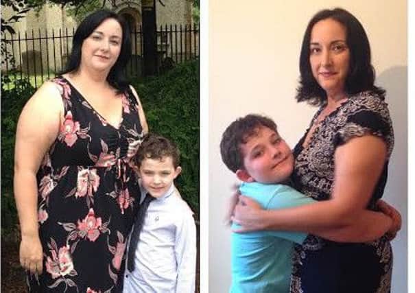 Rebecca Hilliar with her son before and after losing weight.