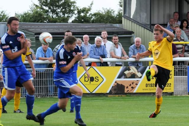 Rob Ogleby volleys home Leamington's winner against Bideford last Saturday. Picture: Morris Troughton