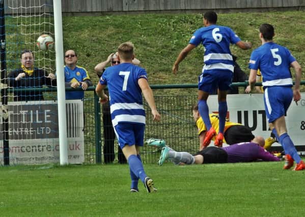 Jack Edwards (grounded) openes the scoring for Leamington at Dunstable. Picture: Sally Ellis