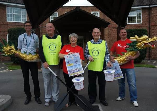 Preparing for the Dragon Boat Race are Dr Tom James from Myton Hospice with Myton colleagues Tony Rollins, Anita Burrows, Reg Grogan and senior nurse Andy Houghton.