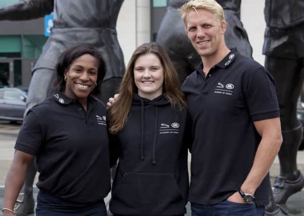 Megan McDonald with former England players Maggie Alphonsi and Lewis Moody. Picture submitted