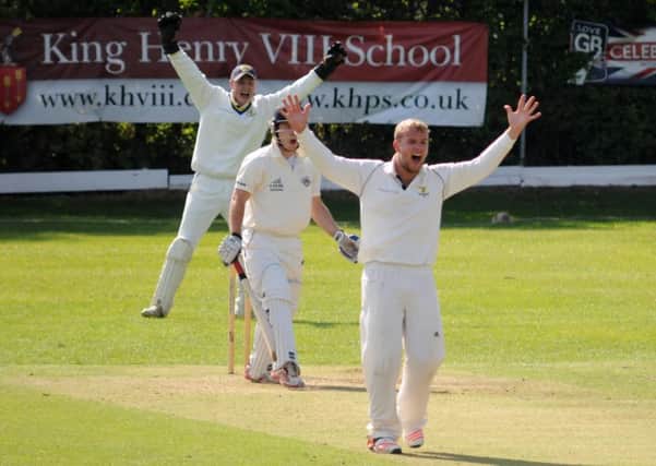 Nathan Edwards claims the wicket of a clearly unimpressed Mark Best. Picture: Morris Troughton