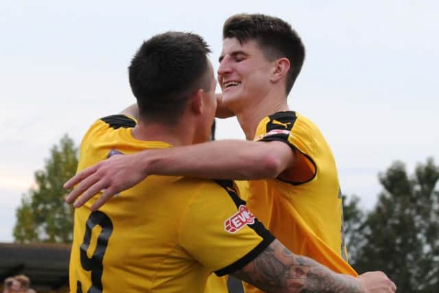 Ben Mackey and Jack Edwards celebrate Leamington's match-winner against Merthyr. Picture: Morris Troughton