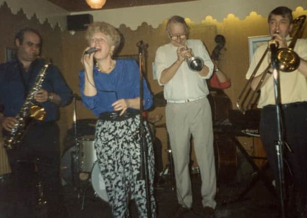 Humphrey Lyttelton (trumpet) with Spicy Jazzs Zoltan Sagi (sax) and Bob Jackson (trombone) with Caz Shennington (vocal) at the Cork and Fork, Regent Hotel, Leamington, 1990