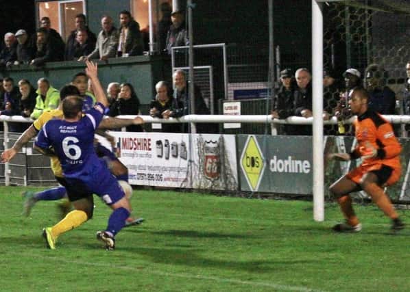 Ben Mackey latches on to Jack Edwards' header but he is unable to force the ball past Redditch keeper Jose Veiga. Picture: Sally Ellis