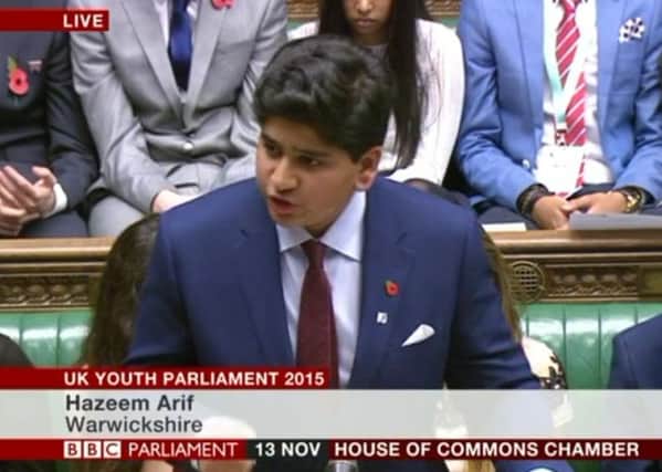 Hazeem Arif speaks at the House of Commons.