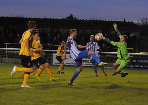 Evan Key diverts Leamington's second goal past Brendan Brown with Ben Mackey and Rob Ogleby lurking. Picture: Morris Troughton