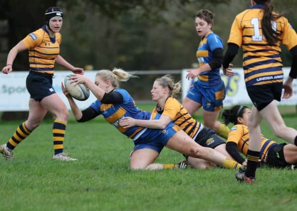 Shannon Lynch stretches out to score Old Leamingotnians Ladies' opening try against Five Ways. Picture: Tim Nunan