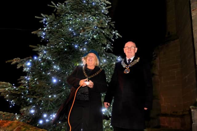 MHLC-14-11-15 Tree of Light
 Whitnash Mayor Cllr Judy Falp at the switch-on event for the town's tree of light with Leamington Rotary Club president Barry Frith.