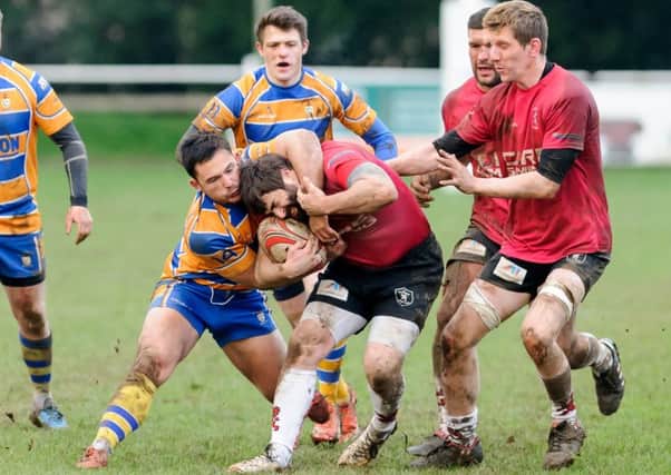 Action from Old Leamingtonians' Midlands Three West (South) clash at Webb Ellis Road. Picture: Mike Baker