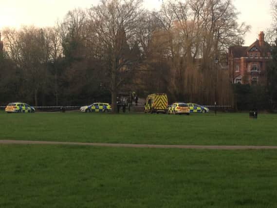 Police officers and ambulance staff at the York Road Bridge in Leamington on Thursday morning (28-01-16).