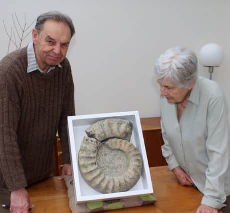 Members of Warwickshire Geology Group with a giant ammonite fossil