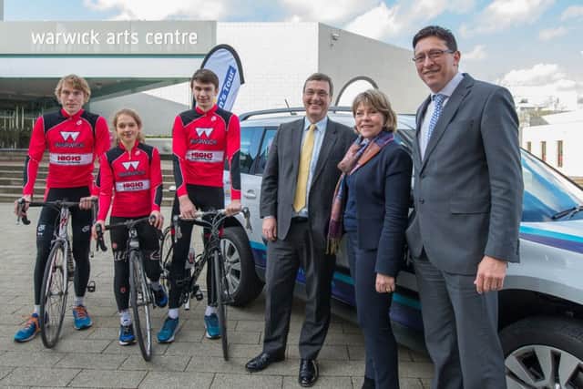 University of Warwick cyclists, Calumn Forster, Alice Cobb and Elliot joseph with Cllr Seccombe and unviersity vice chancellor, Stuart Croft at the launch of the Women's Tour