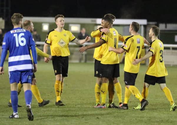 Jack Edwards is congratulated by his Leamington team-mates after opening the scoring at home to Dunstable. Pictures: Tim Nunan