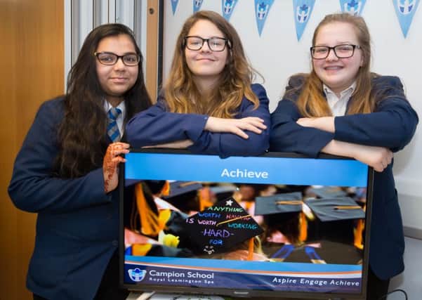 Campion School pupils Zoha Imtiaz, Chloe White and Olivia Turner at the Skills Conference at Warwick Trident Centre. Picture by Dave Warren.