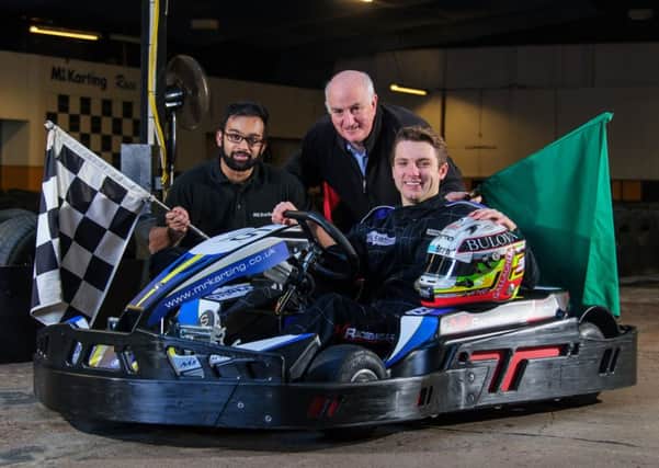 Michael D'souza and Alan Lettis from Mr Karting with F1 prospect Jordan King who started his motorsport career at the track. Picture: Mike Baker