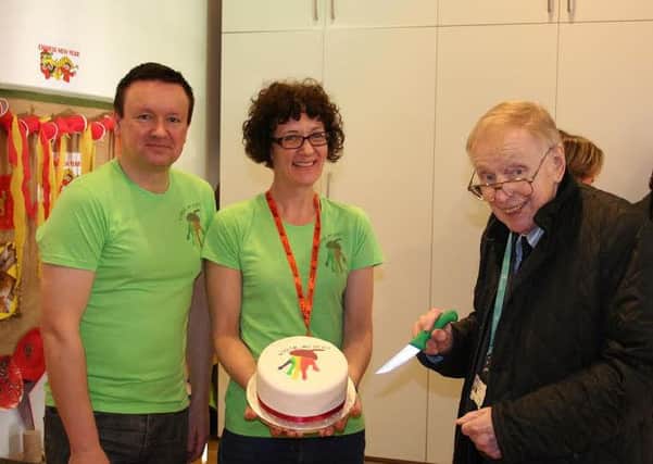Cllr John Appleton with Brett and Maria Justice at the opening of their new nursery, Little Acorns in Southam.