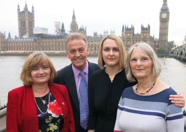Brain Tumour Research chief executive Sue Farrington-Smith CEO, Peter Realf, Maria Lester and Liz Realf outside the House of Commons after they had given evidence to the inquiry. Photo: Brain Tumour Research.