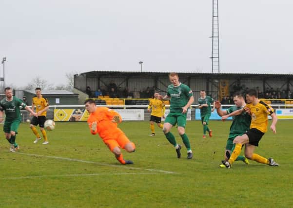 Jack Edwards latches on to Courtney Baker-Richardson's flick-on to fire Leamington level at home to Chippenham Town on Saturday. Picture: Morris Troughton