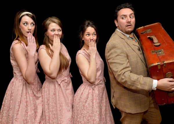 Darren Pratt as Francis Henshall with (from left) co-stars Emma Marshall, Millie Wardle and Hannah Burt